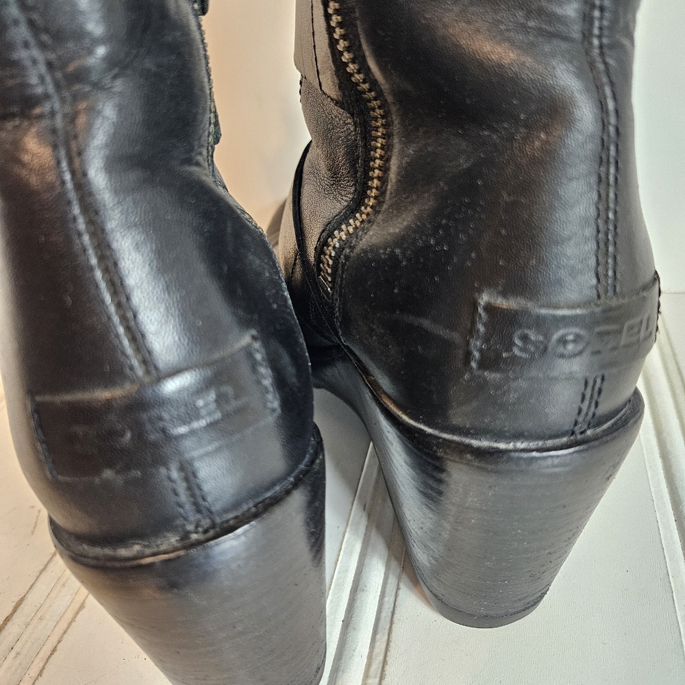 Sorel Wedge Booties Womens Sz 7 Black Leather Triple Buckle Moto Ankle Boots - Picture 6 of 13